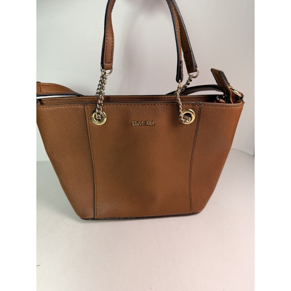 Calvin Klein Hayden Cognac Saffiano Leather Chain Crossbody Satchel